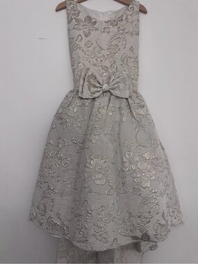 Rare Editions Silver Floral Brocade Party Dress with Bow Accent